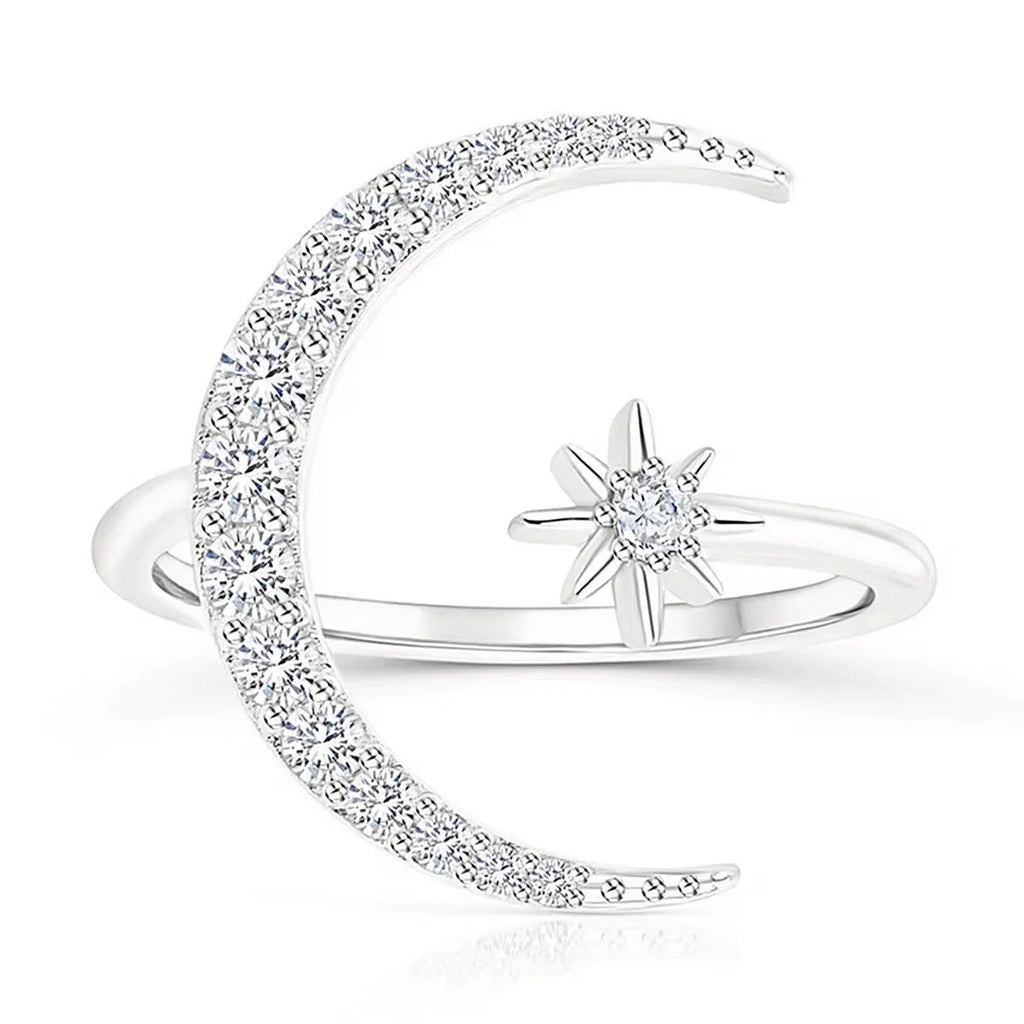 925 Sterling Silver Moon & Star Adjustable Ring – Sparkle Like the Night Sky
