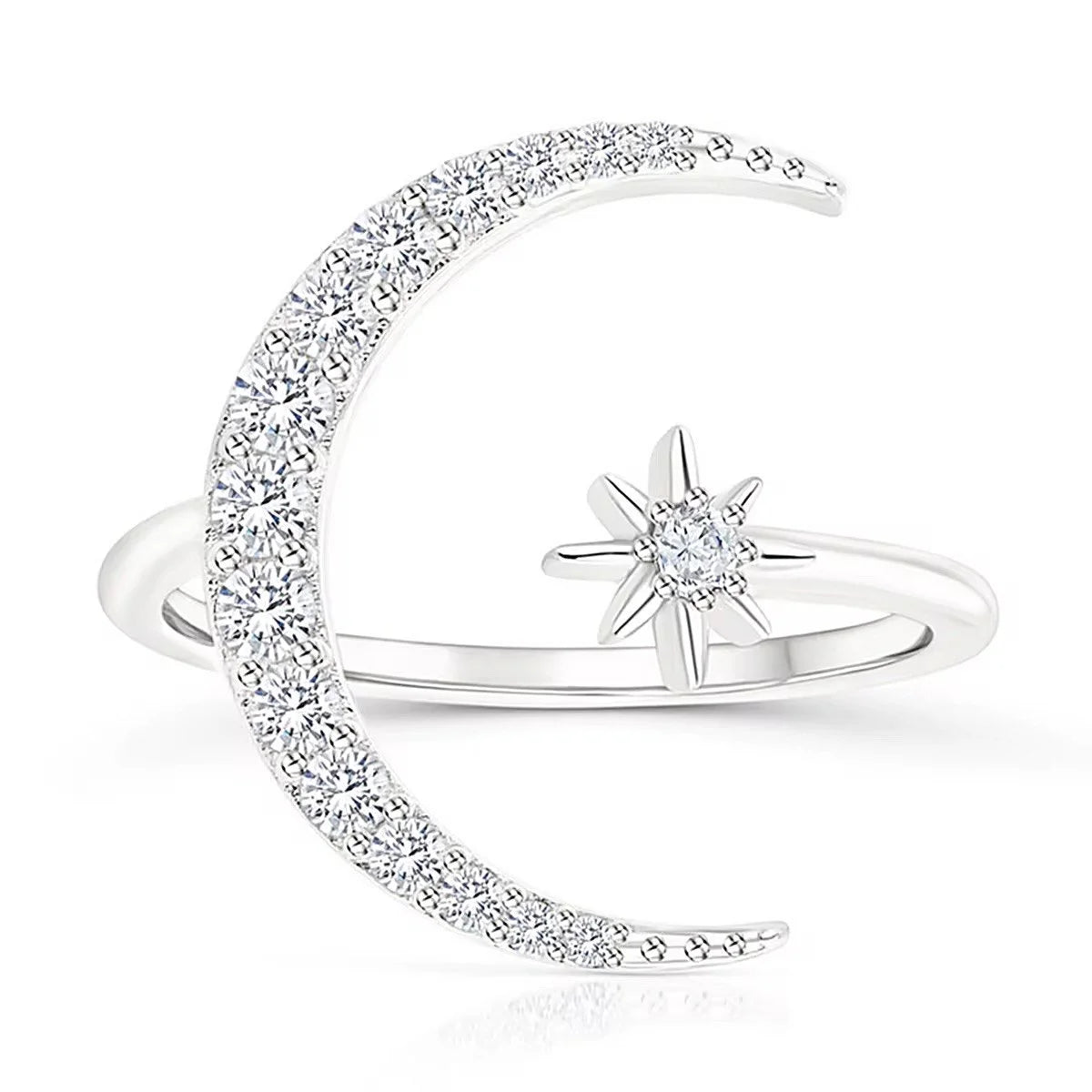 925 Sterling Silver Moon & Star Adjustable Ring – Sparkle Like the Night Sky