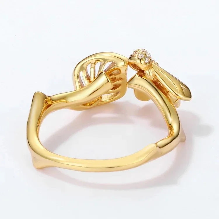 18K Gold Plated Adjustable Bee Ring – Sterling Silver & Zircon Elegance
