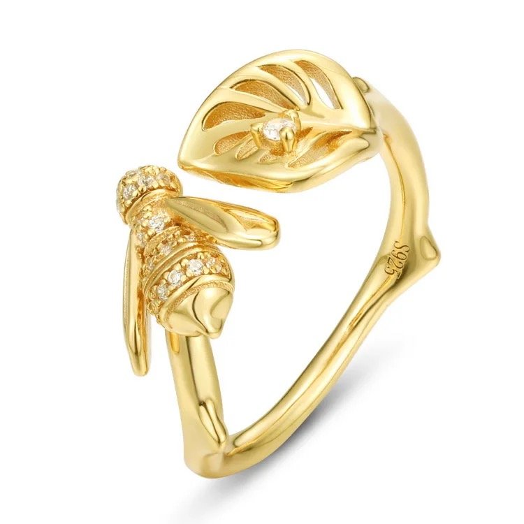 18K Gold Plated Adjustable Bee Ring – Sterling Silver & Zircon Elegance